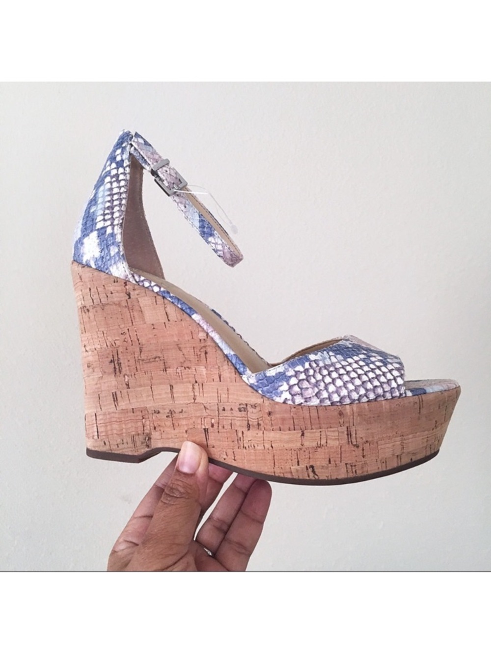 Vince Camuto Tatchen Platform Wedge Sandal with Blue Snake-Print Ankle Strap